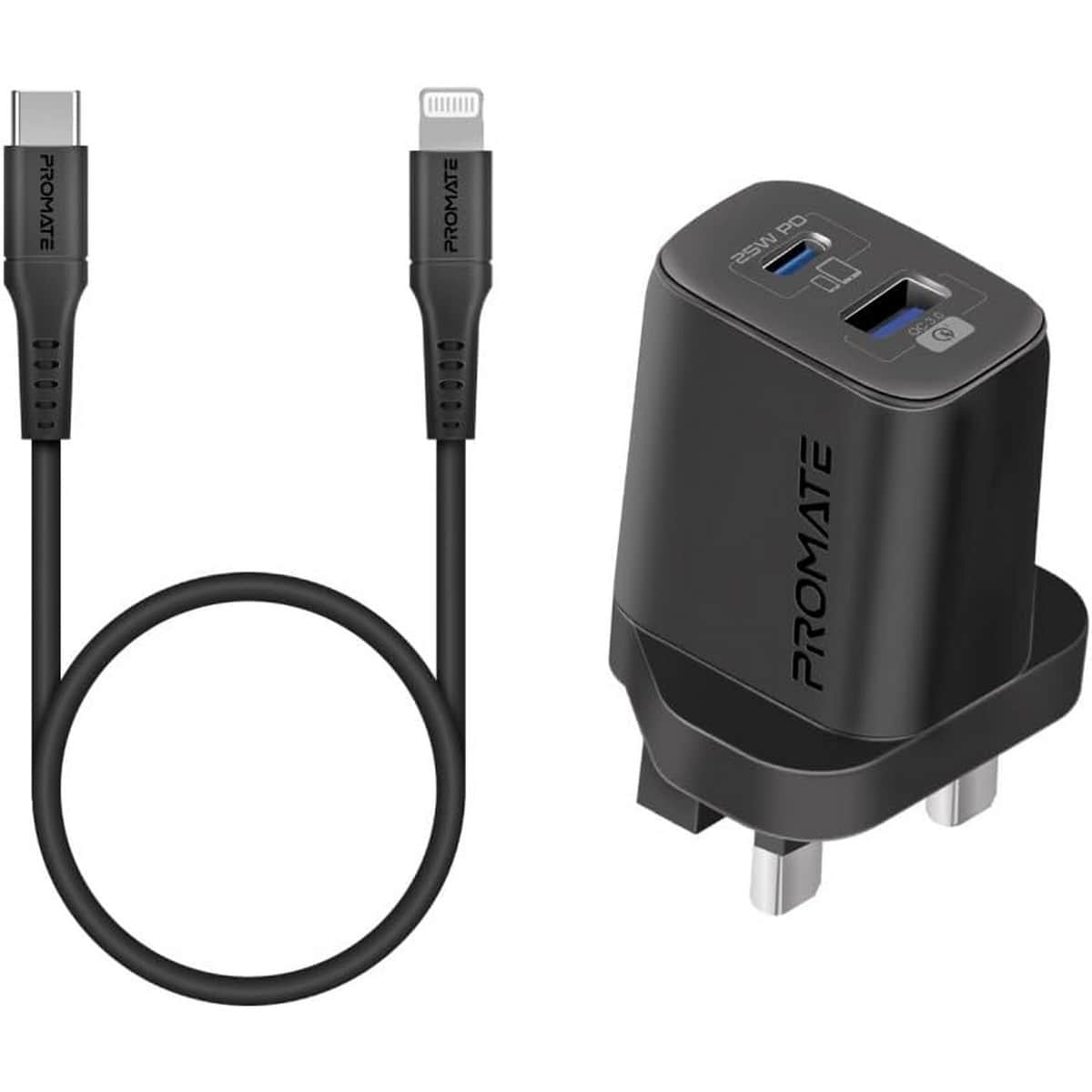 Promate 25W Wall Charger & Lightning Cable Set
