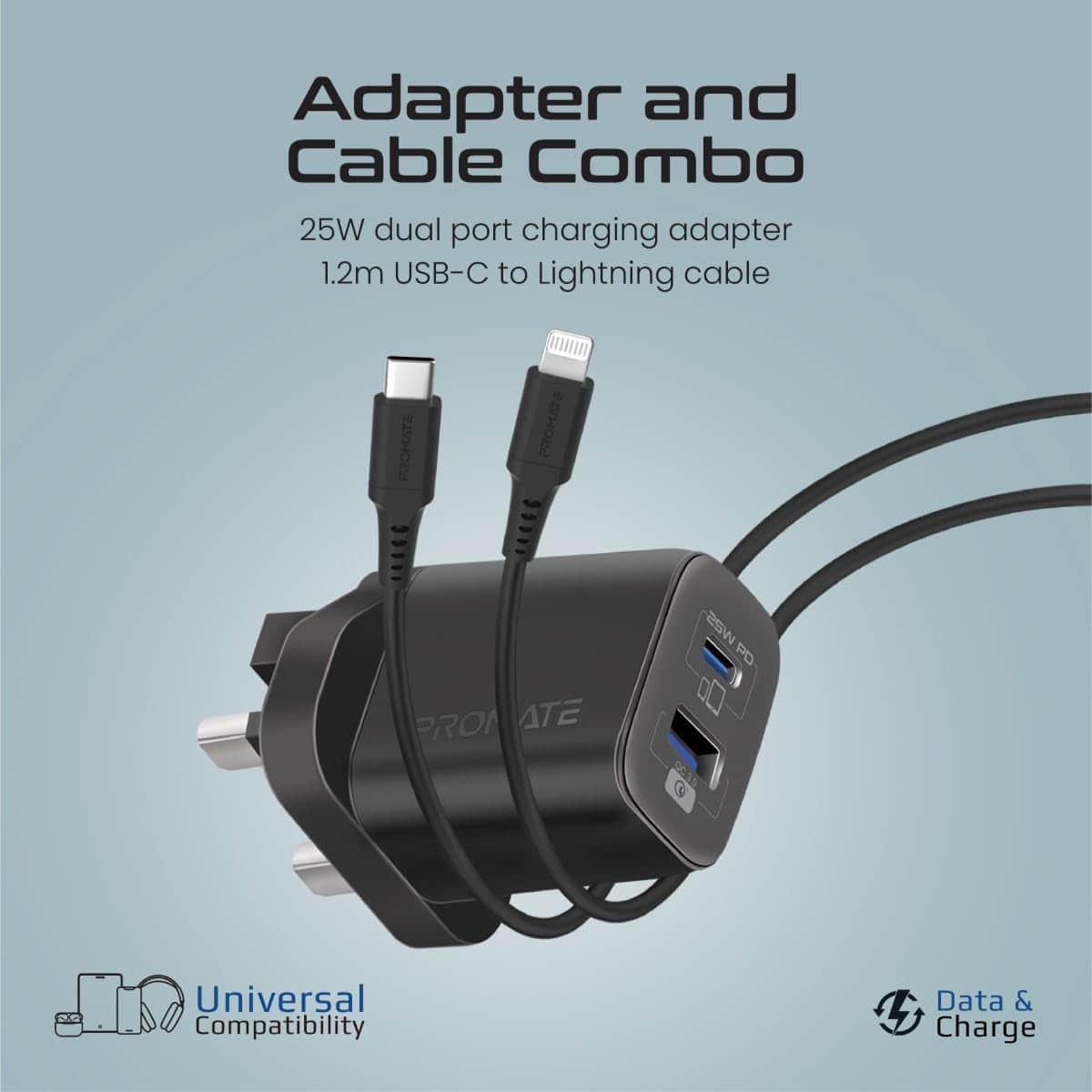 Promate 25W Wall Charger & Lightning Cable Set