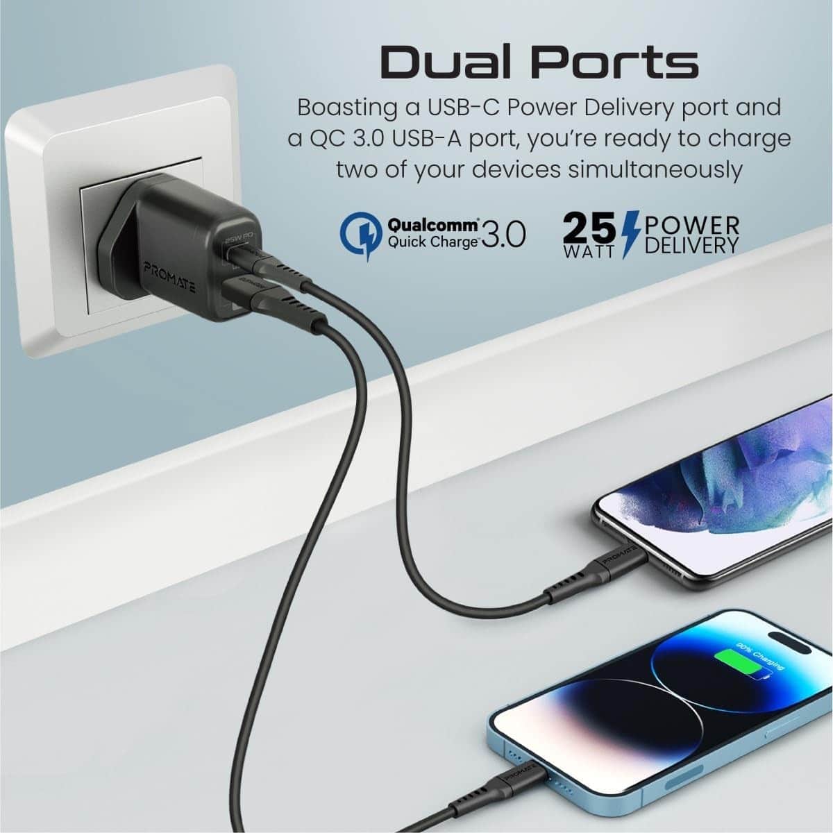 Promate 25W Wall Charger & Lightning Cable Set