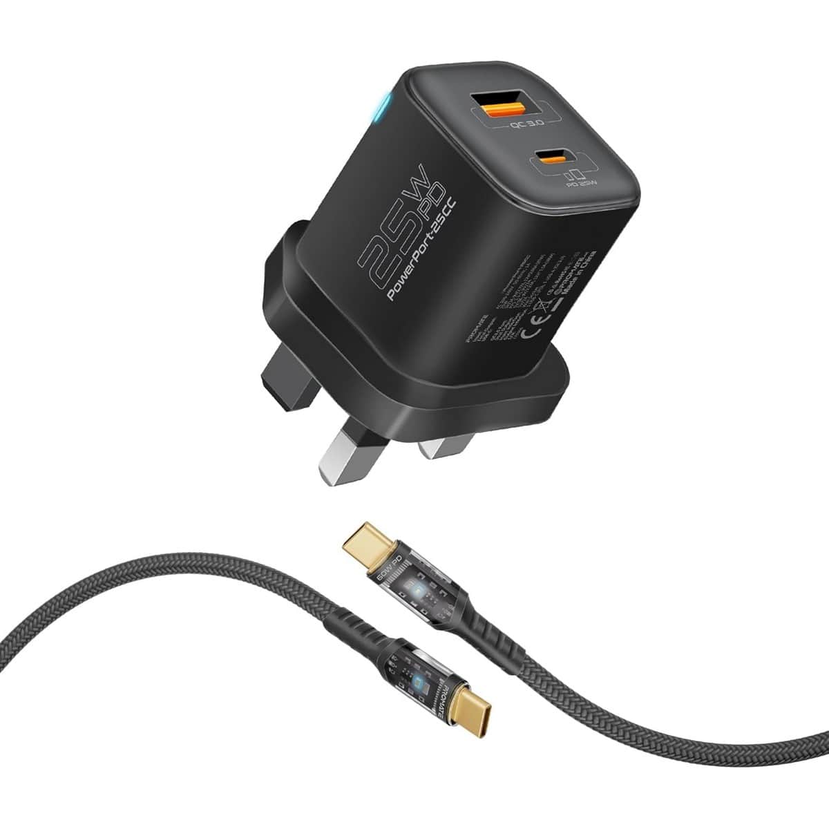 Promate 25W Wall Charger & Transparent USB-C Cable Set