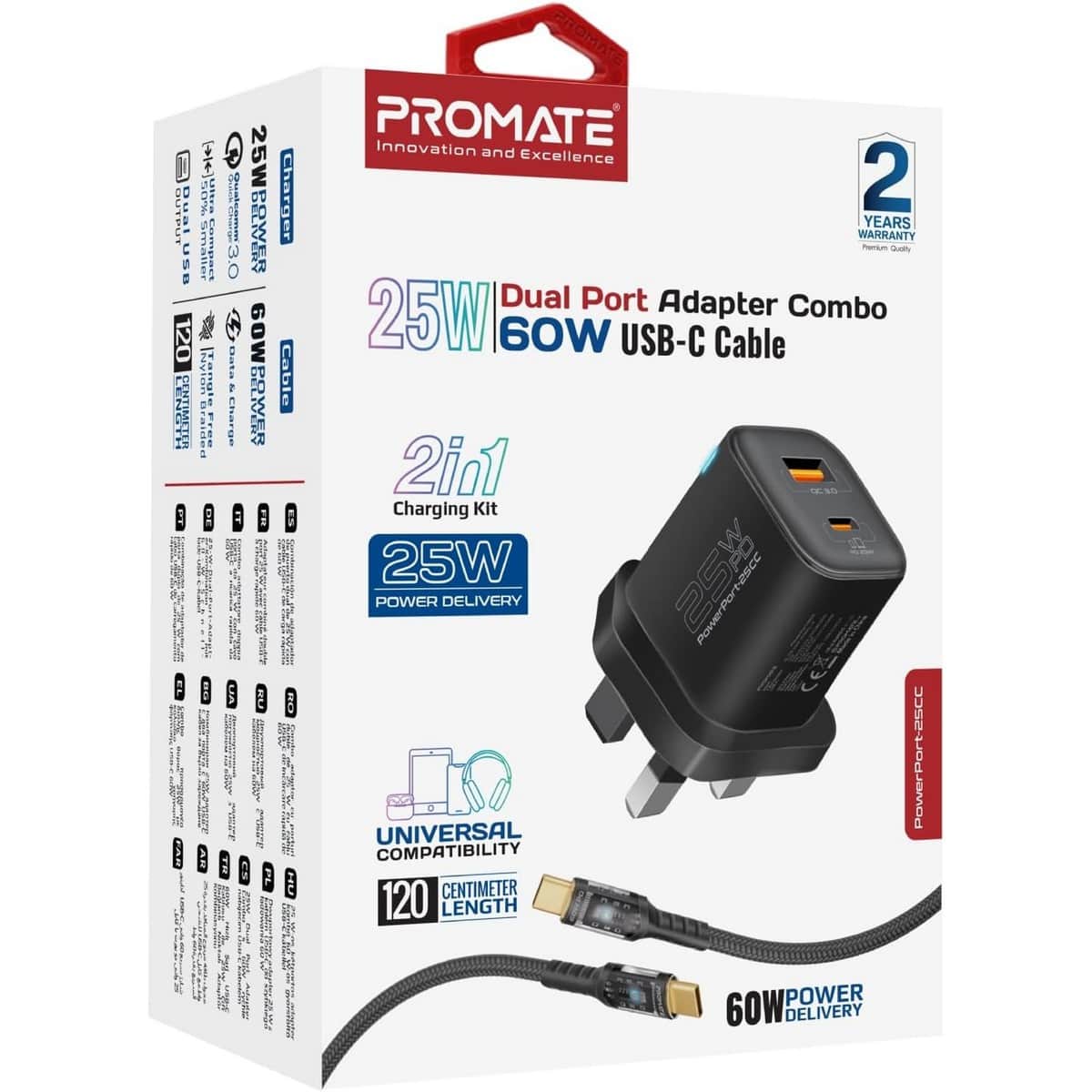 Promate 25W Wall Charger & Transparent USB-C Cable Set