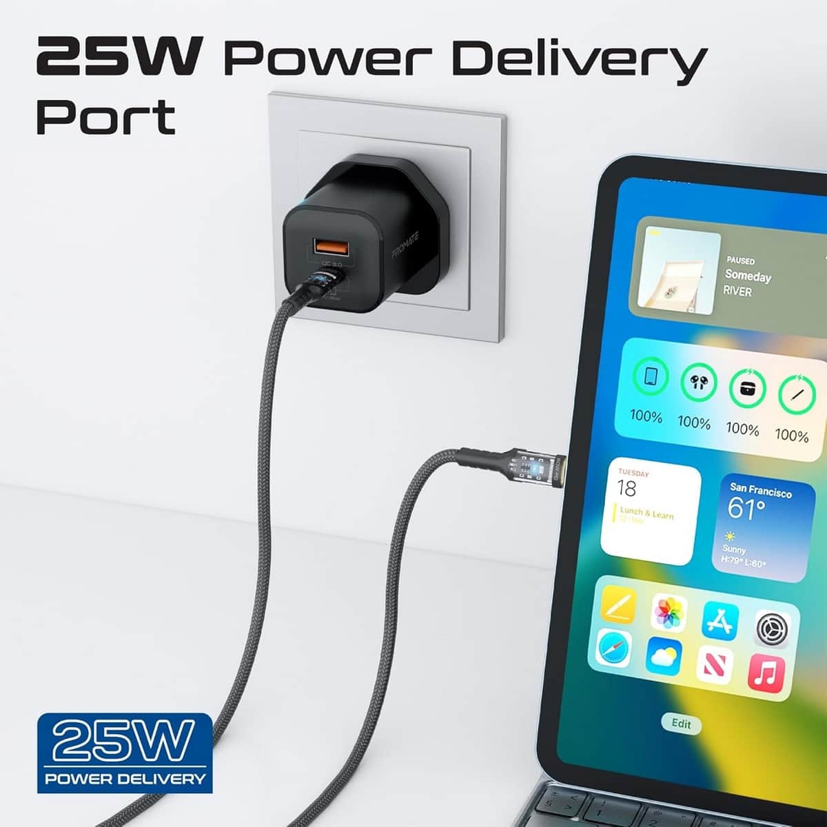 Promate 25W Wall Charger & Transparent USB-C Cable Set