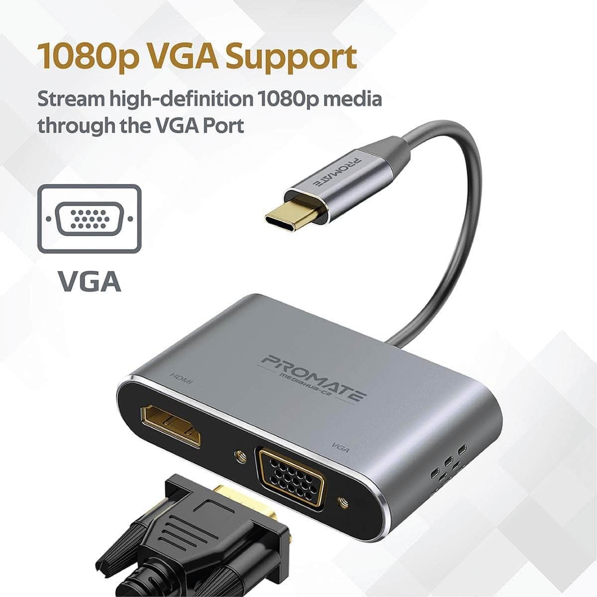 Promate 2-in-1 USB-C to VGA & HDMI Adapter