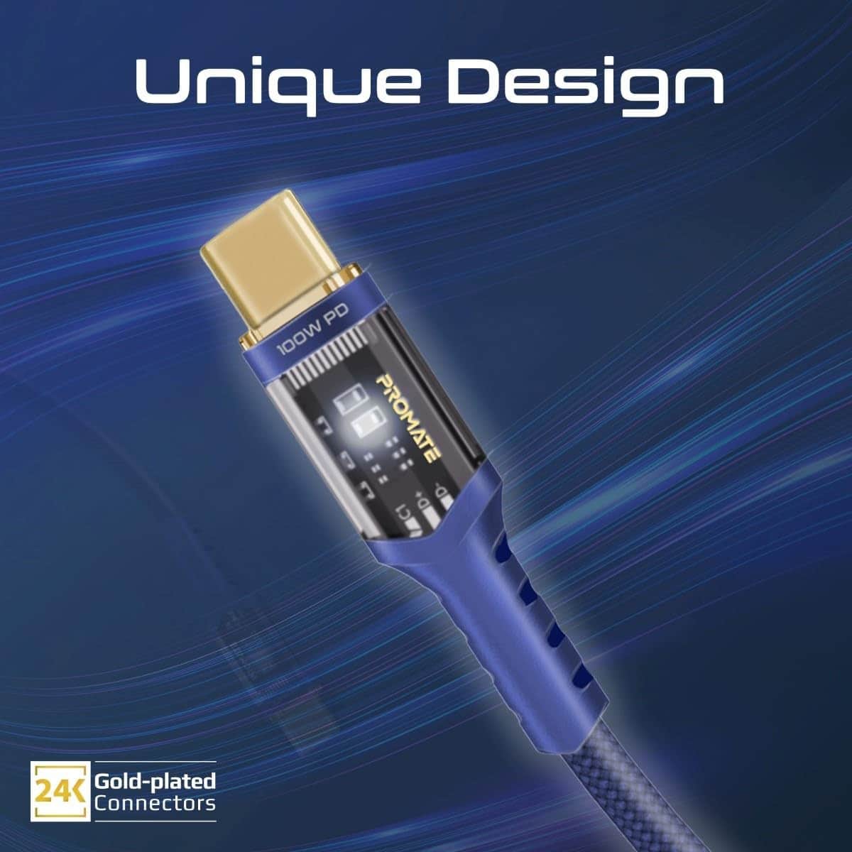 Promate 100W Transparent USB-C to USB-C Braided Cable