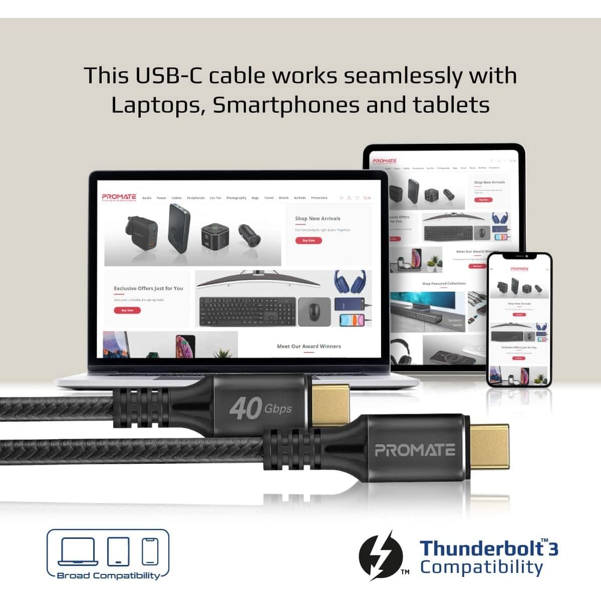 Promate 240W Thunderbolt 3 USB-C to USB-C Cable