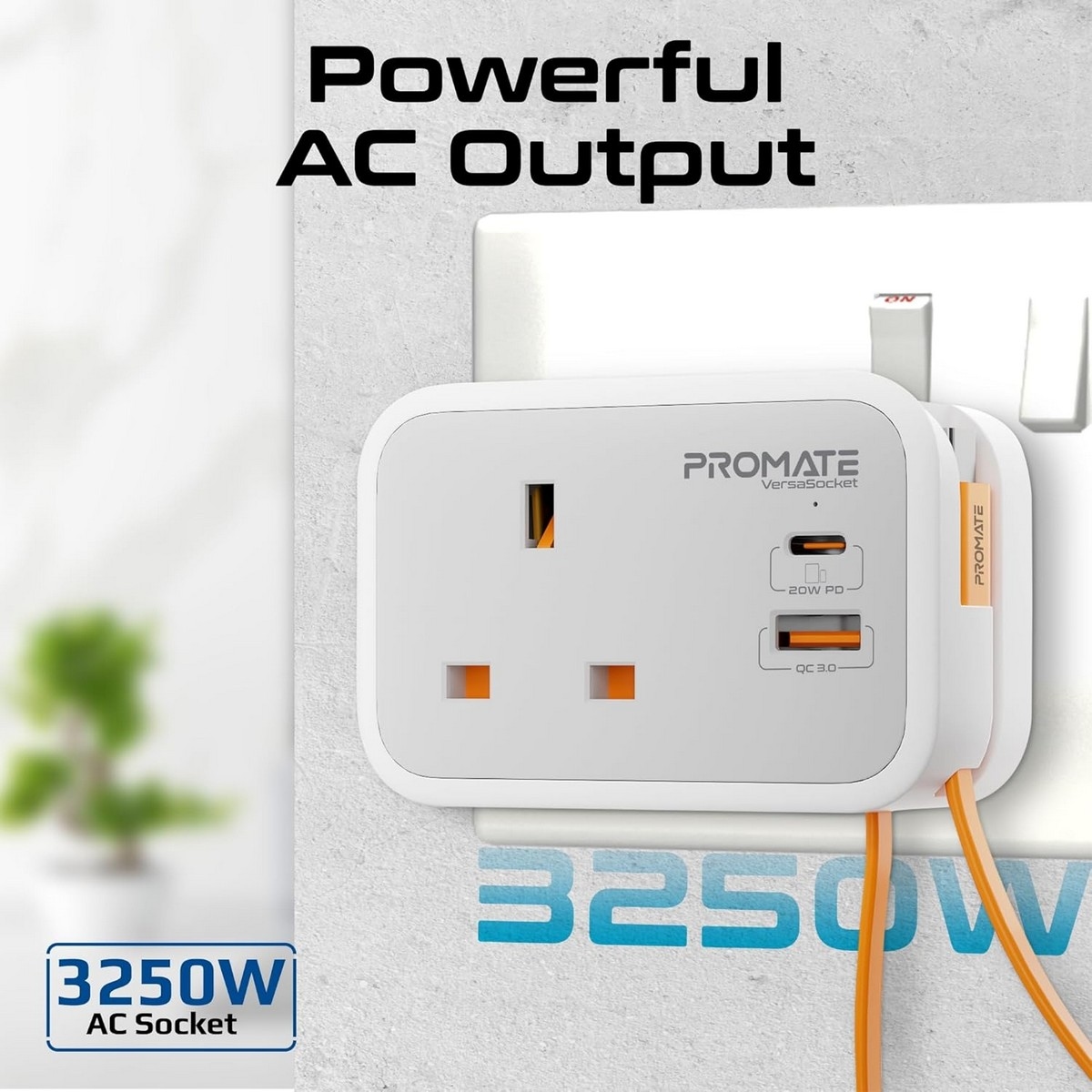 Promate 3250W 4-in-1 AC Socket Charger with Retractable USB-C Cable