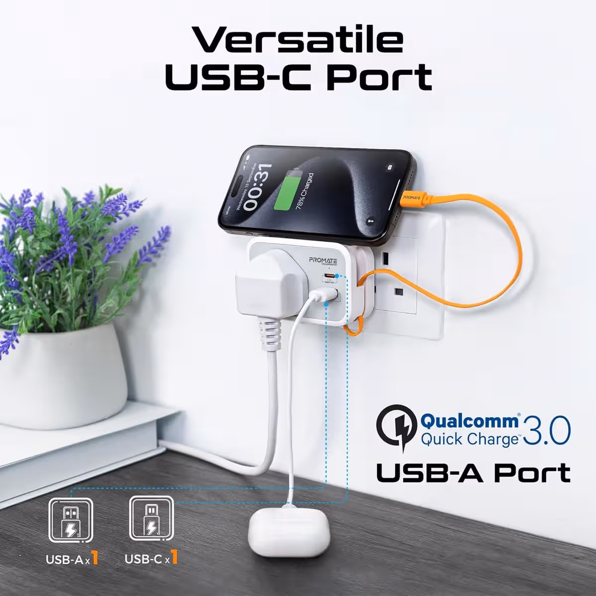 Promate 3250W 4-in-1 AC Socket Charger with Retractable USB-C Cable