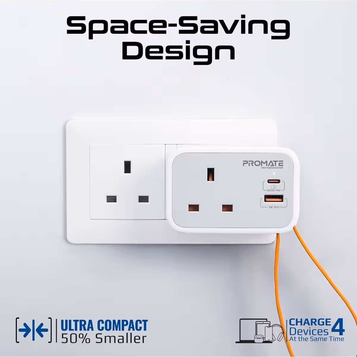 Promate 3250W 4-in-1 AC Socket Charger with Retractable USB-C Cable
