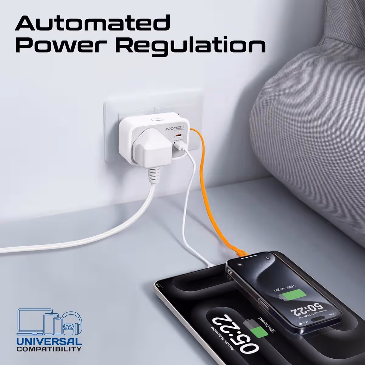 Promate 3250W 4-in-1 AC Socket Charger with Retractable USB-C Cable