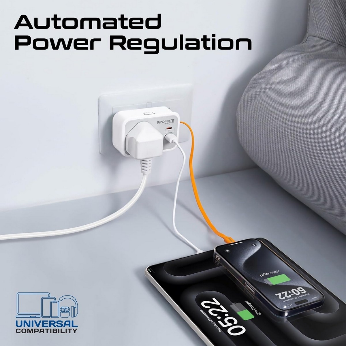 Promate 3250W 4-in-1 AC Socket Charger with Retractable USB-C Cable