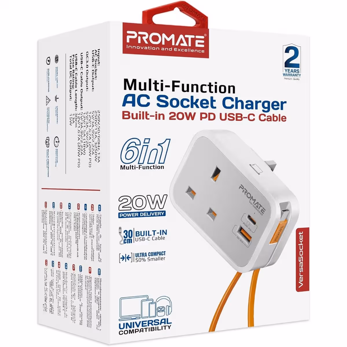 Promate 3250W 4-in-1 AC Socket Charger with Retractable USB-C Cable