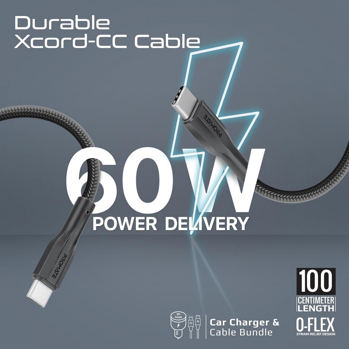 Promate 33W Dual Port Car Charger with Type-C Cable