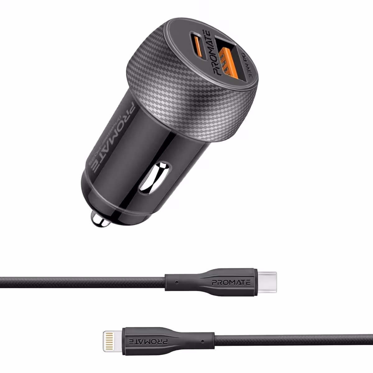 Promate 33W Dual Port Car Charger with Type-C to Lightning Cable