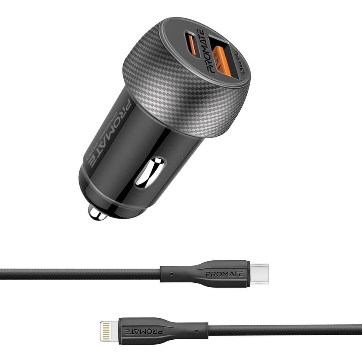 Promate 33W Dual Port Car Charger with Type-C to Lightning Cable
