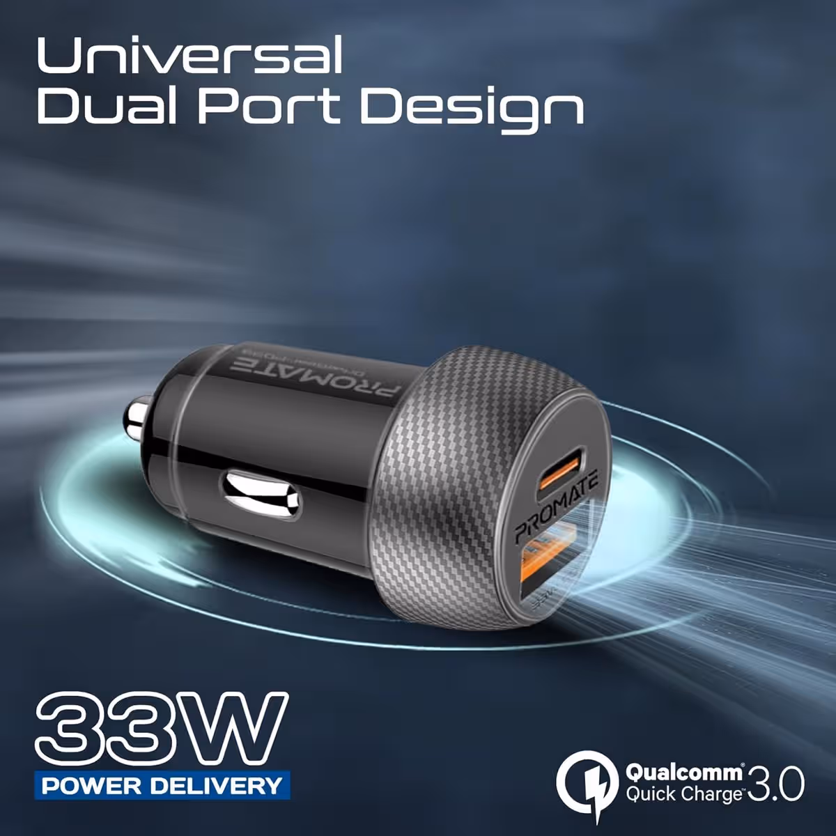 Promate 33W Dual Port Car Charger with Type-C to Lightning Cable