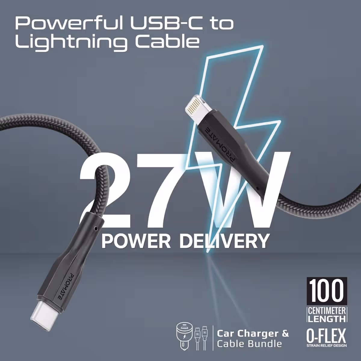 Promate 33W Dual Port Car Charger with Type-C to Lightning Cable