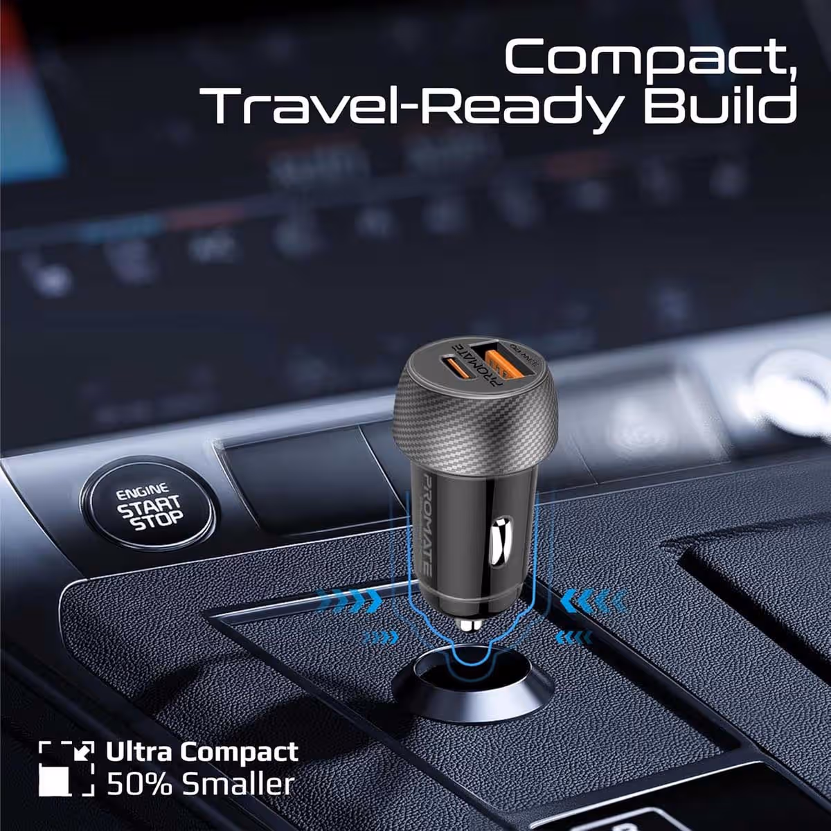 Promate 33W Dual Port Car Charger with Type-C to Lightning Cable