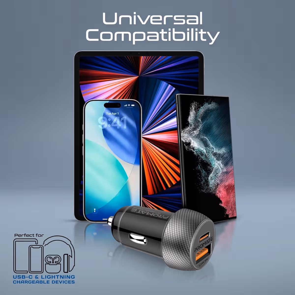Promate 33W Dual Port Car Charger with Type-C to Lightning Cable