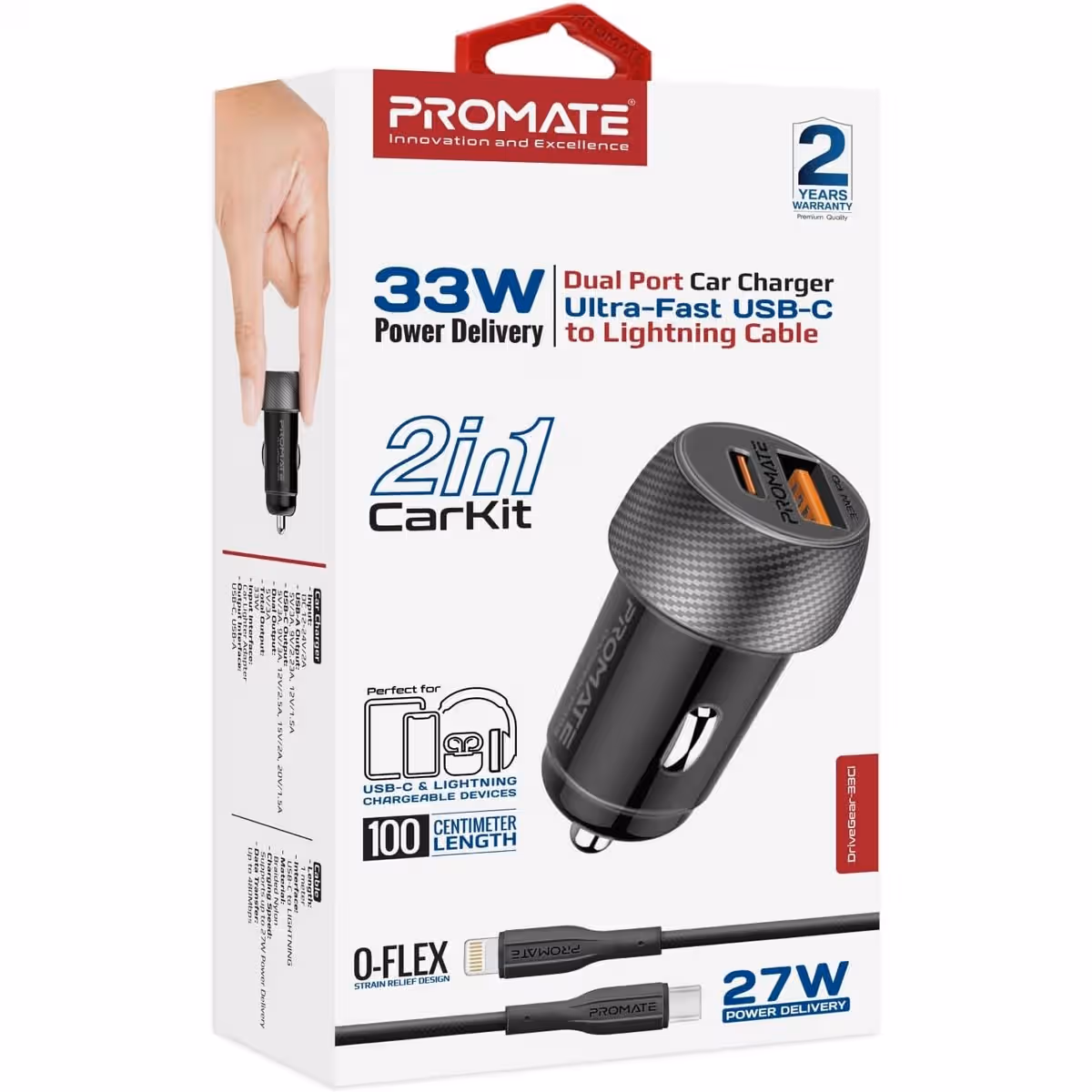 Promate 33W Dual Port Car Charger with Type-C to Lightning Cable