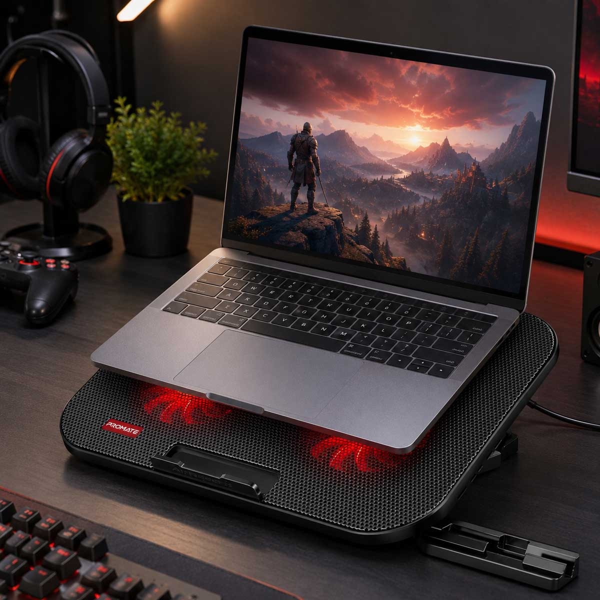 بروميت قاعدة تبريد لابتوب بثلاث مراوح LED مع حامل هاتف