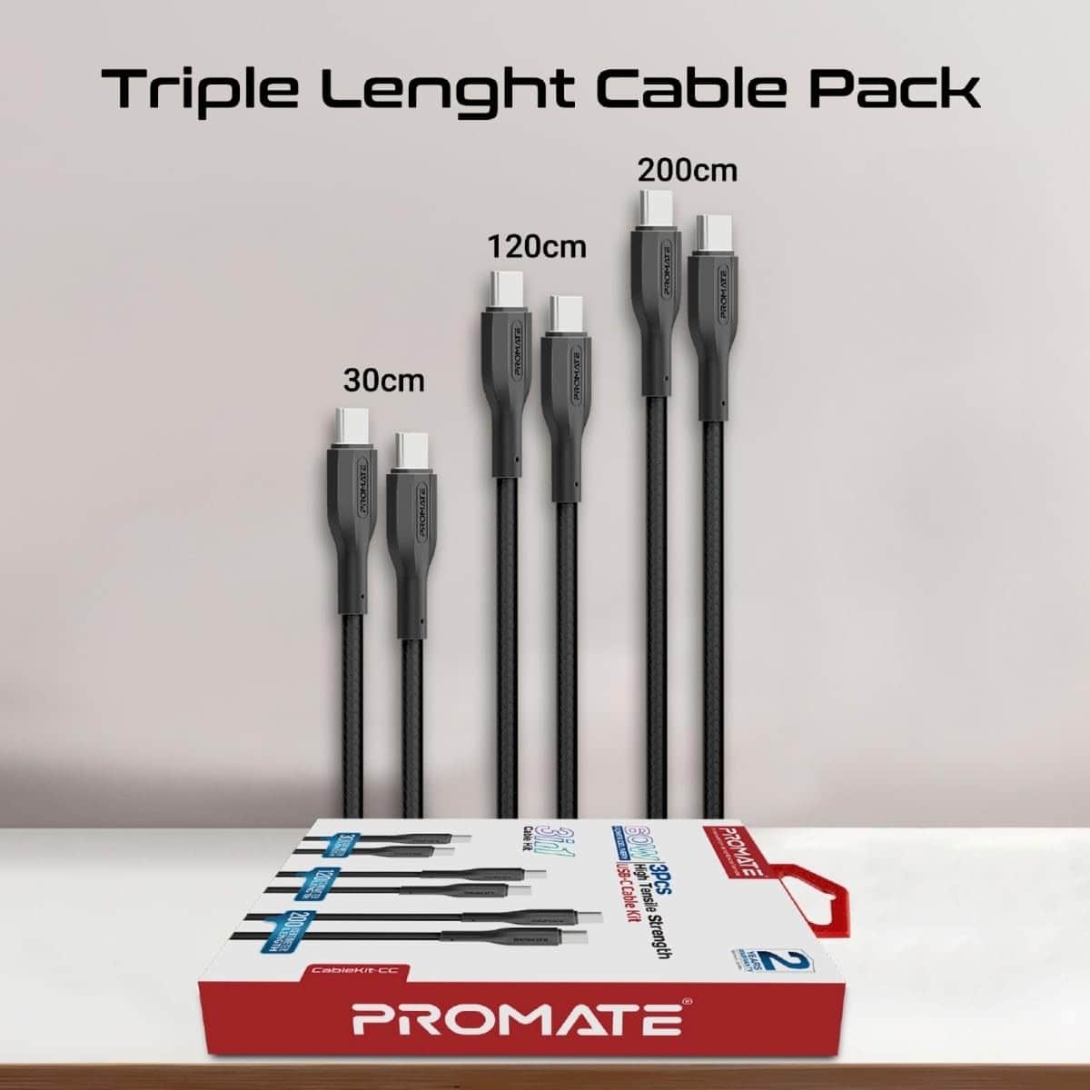 Promate 3-Piece USB-C to USB-C Cable Kit