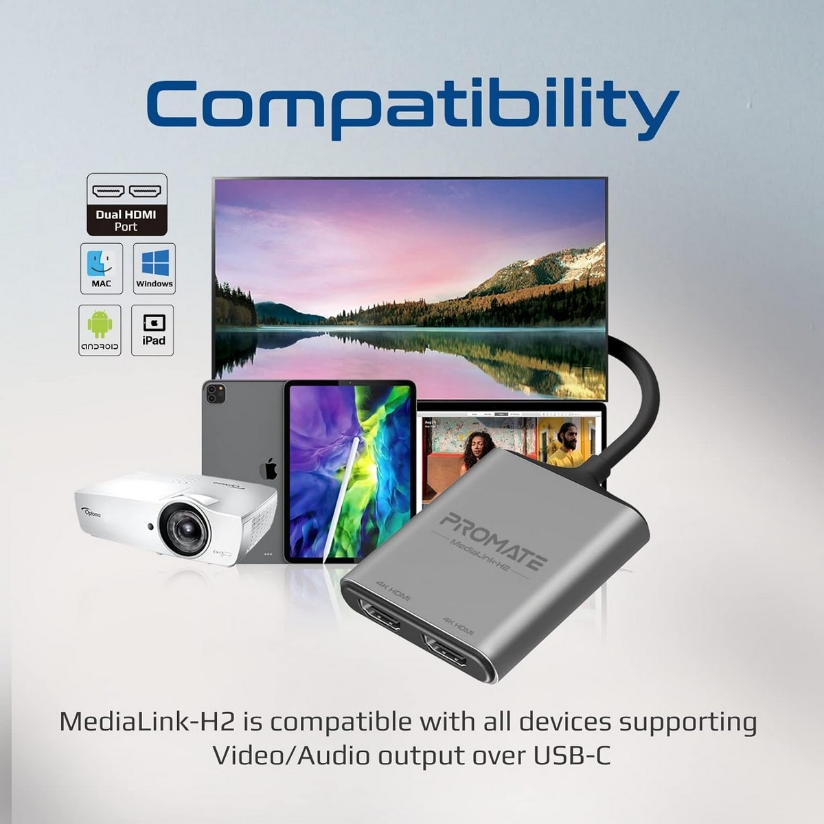 Promate 4K 60Hz USB-C to HDMI Adapter with Dual HDMI Ports