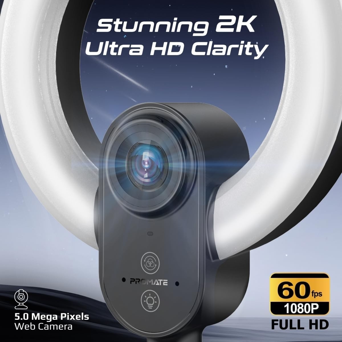 بروميت كاميرا ويب Ultra HD بدقة 2K مع إضاءة حلقية 5.5 بوصة