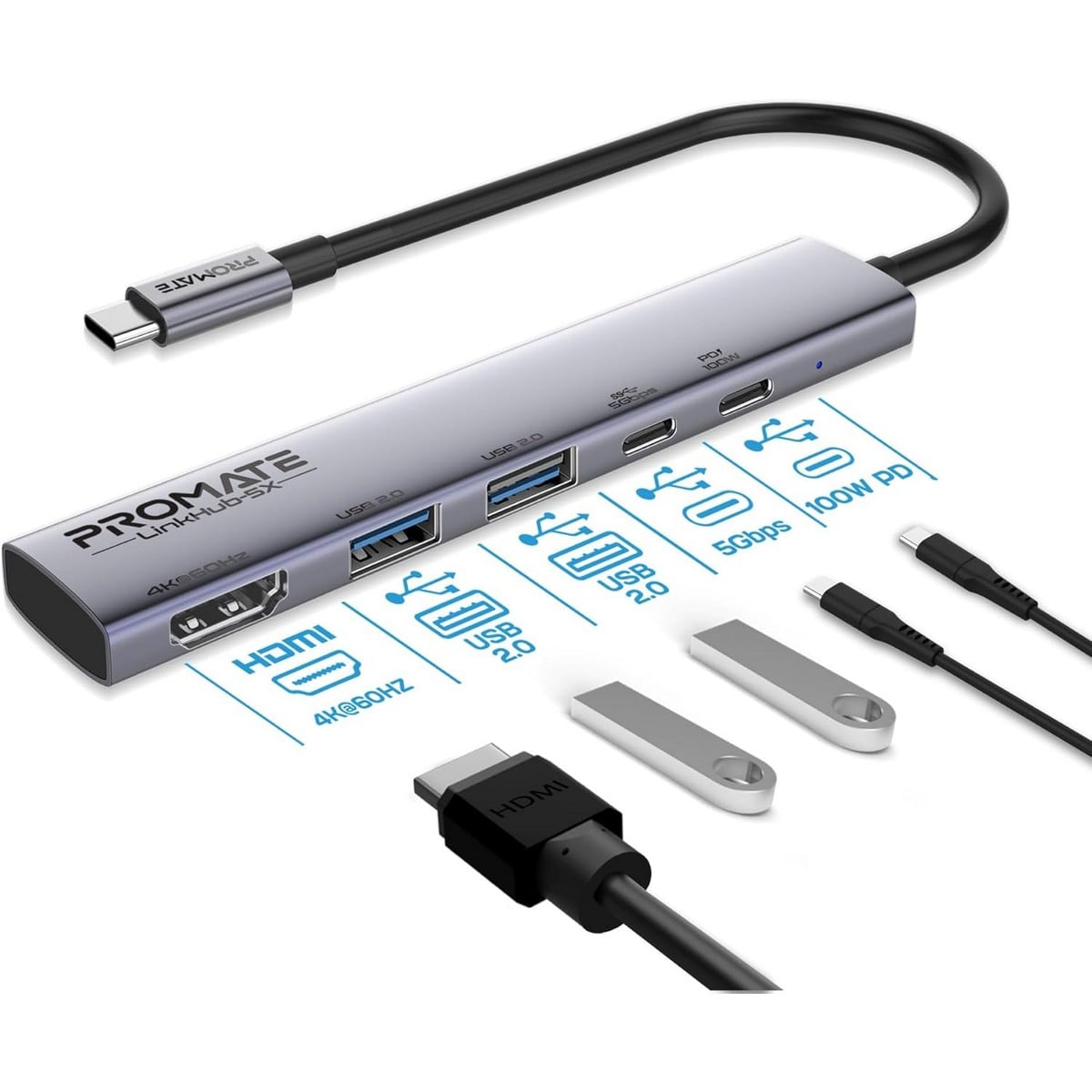 بروميت موزع USB-C متعدد المنافذ 5 في 1 بدقة 4K بمعدل 60 هرتز