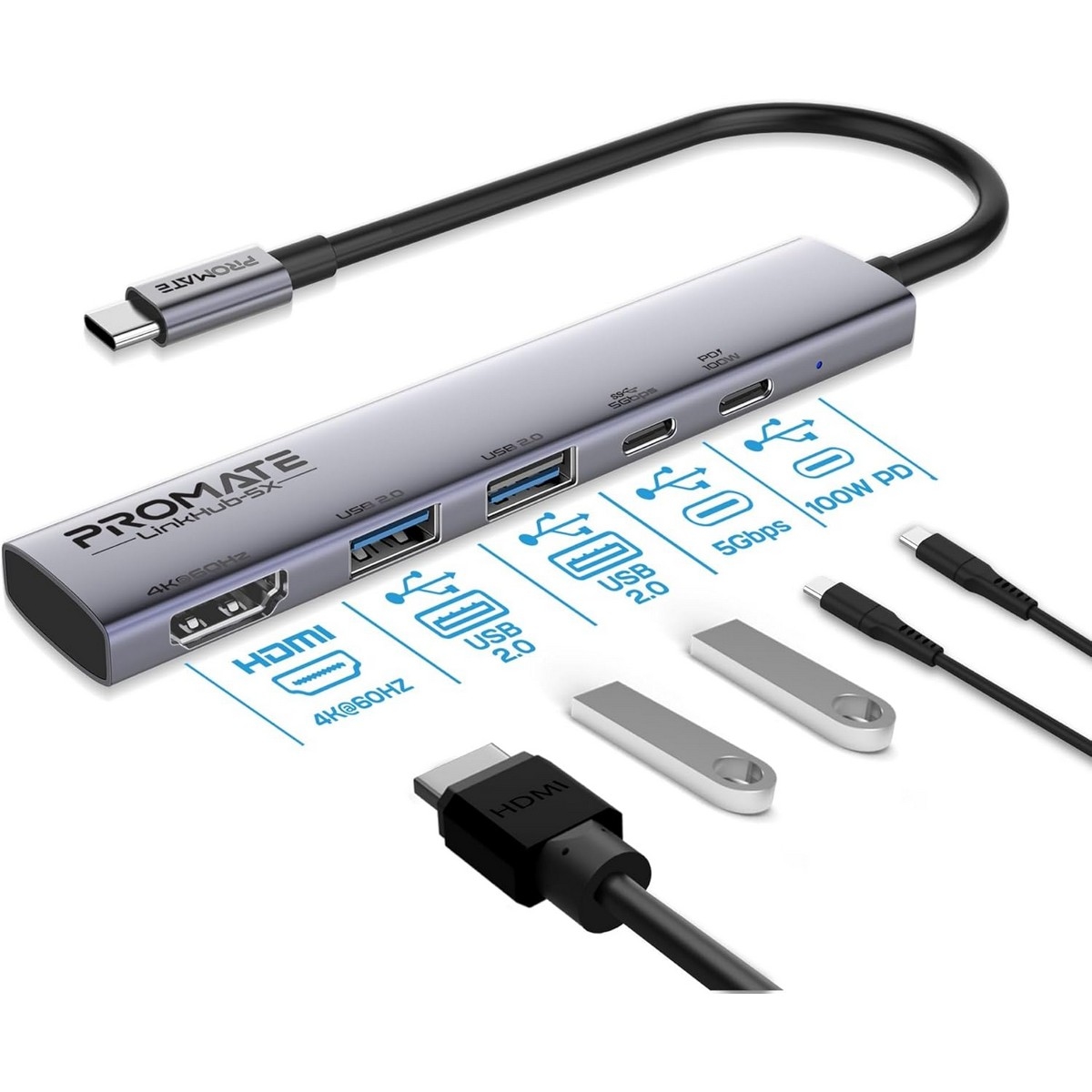 بروميت موزع USB-C متعدد المنافذ 5 في 1 بدقة 4K بمعدل 60 هرتز