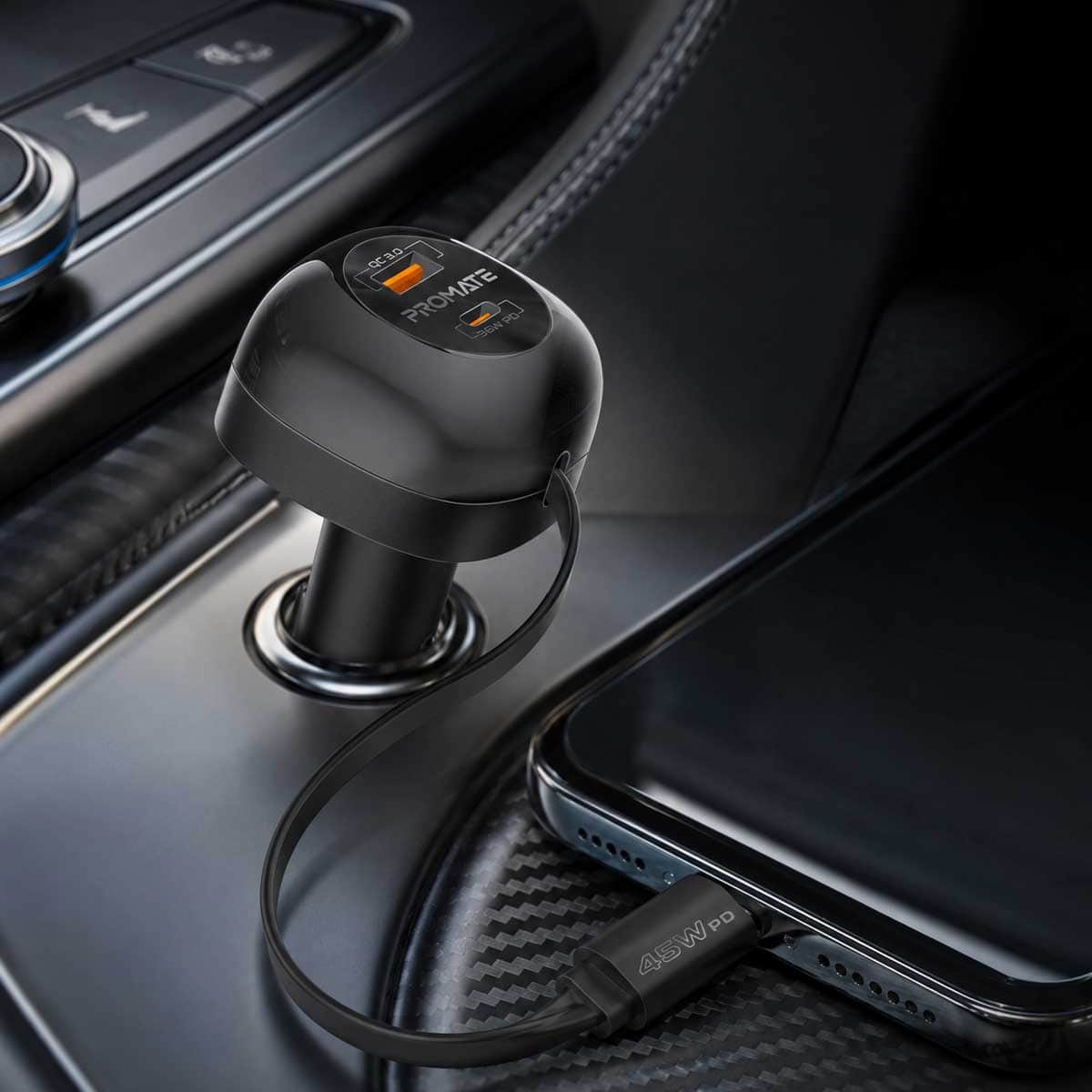 Promate 62W Multi-Port Retractable USB-C Car Charger