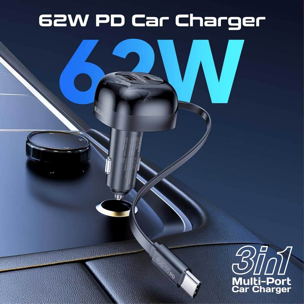 Promate 62W Multi-Port Retractable USB-C Car Charger