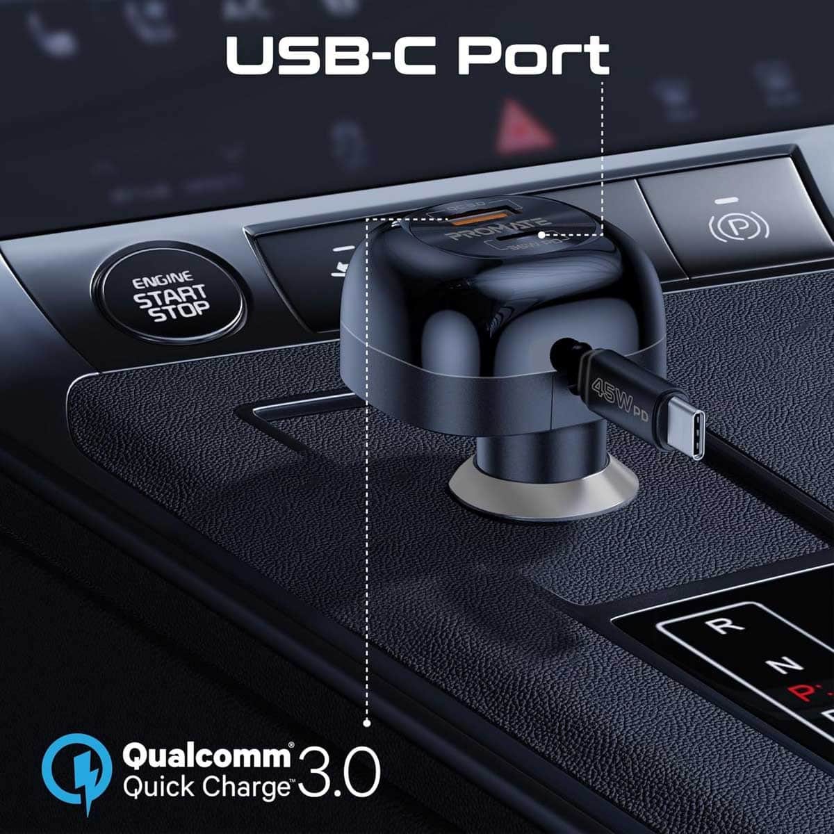 Promate 62W Multi-Port Retractable USB-C Car Charger