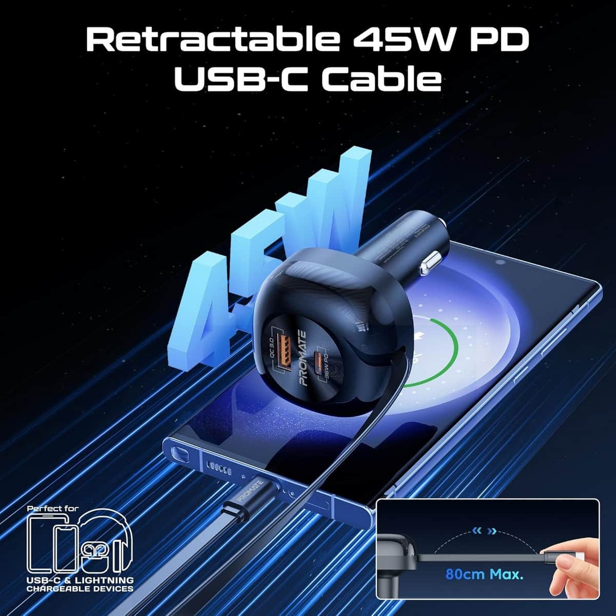 Promate 62W Multi-Port Retractable USB-C Car Charger
