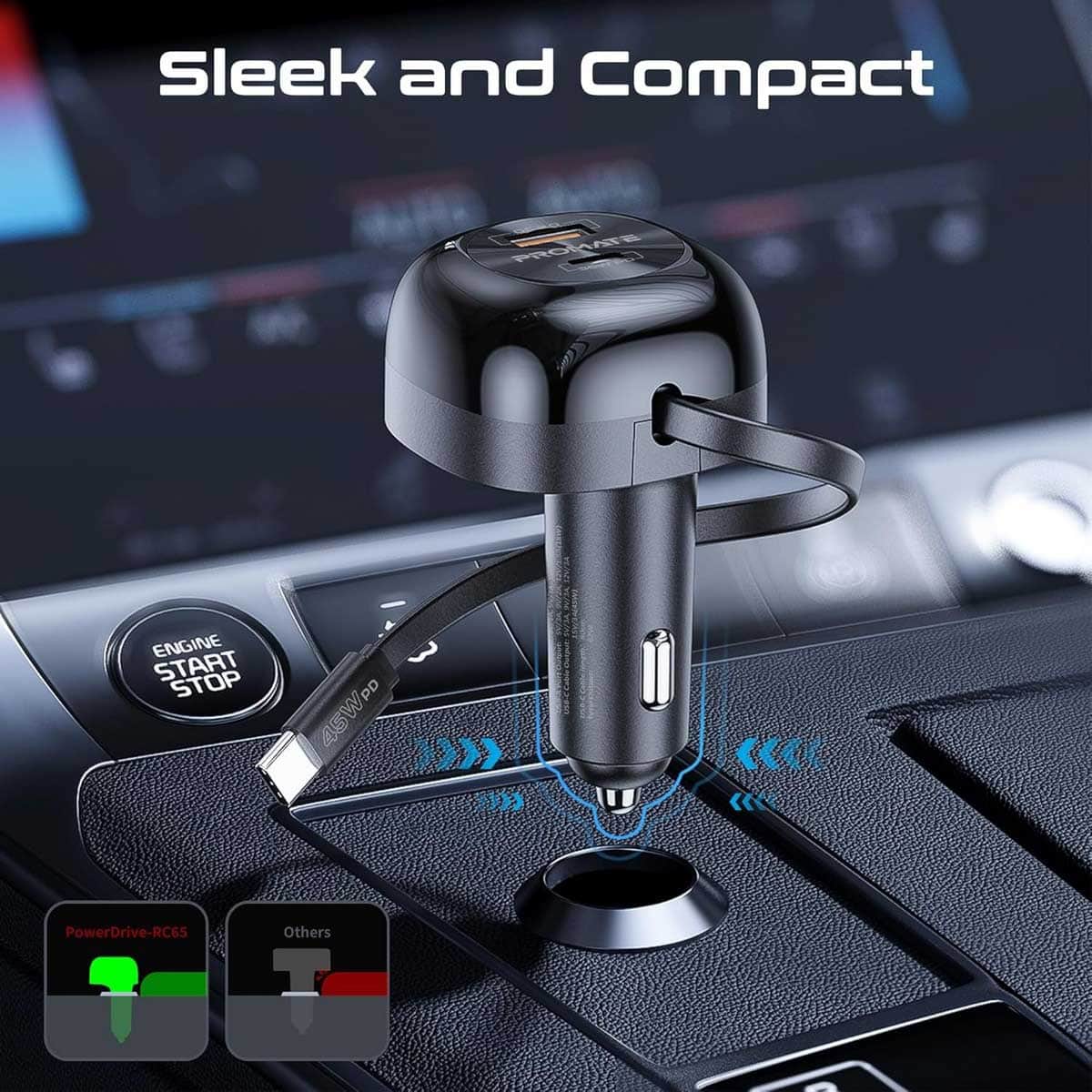 Promate 62W Multi-Port Retractable USB-C Car Charger