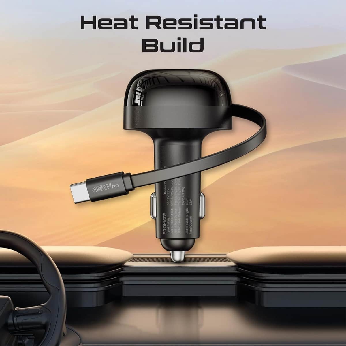 Promate 62W Multi-Port Retractable USB-C Car Charger