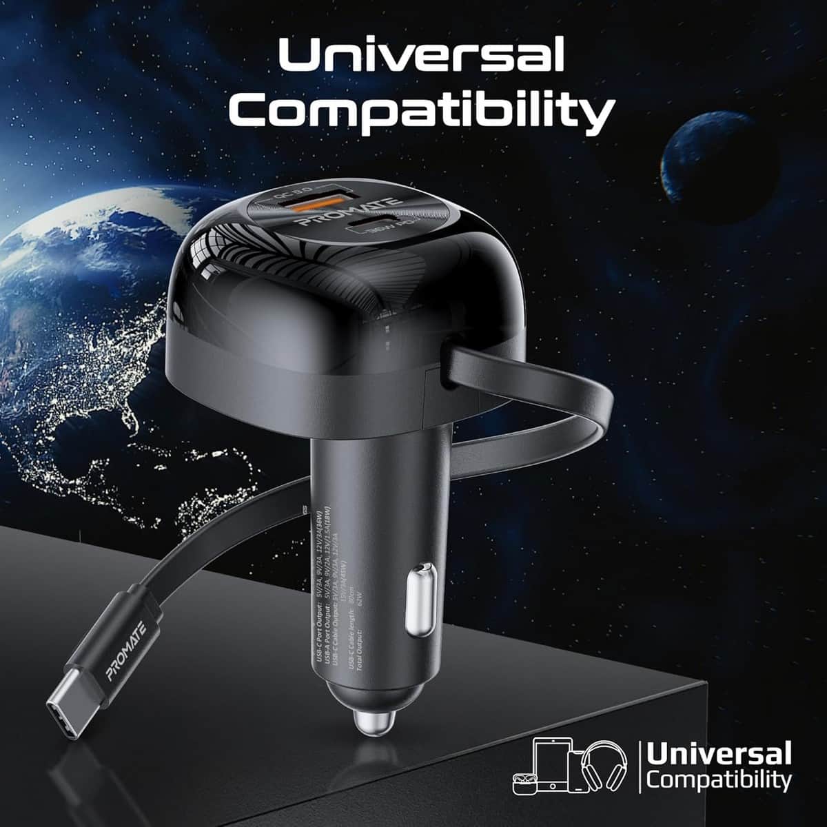 Promate 62W Multi-Port Retractable USB-C Car Charger