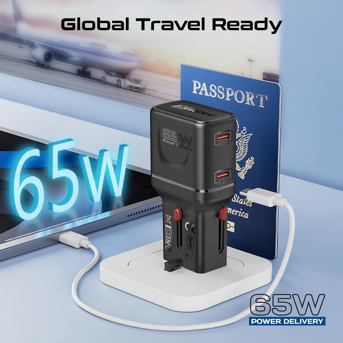 Promate 65W GaNFast Universal Travel Adapter