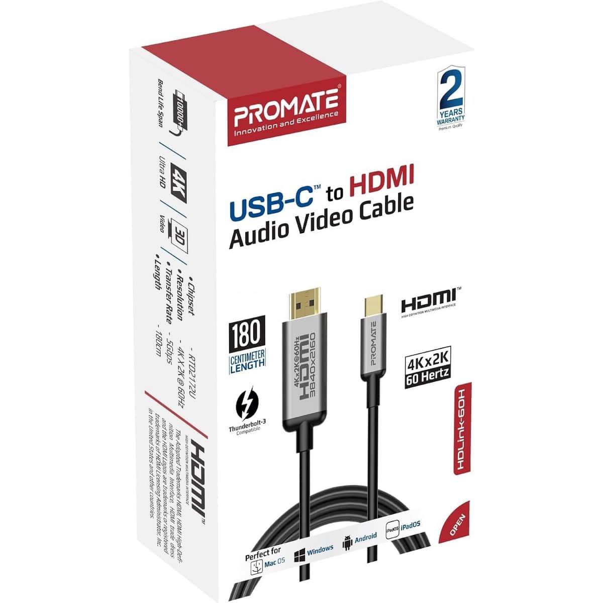Promate 6ft 4K 60Hz USB-C to HDMI Cable