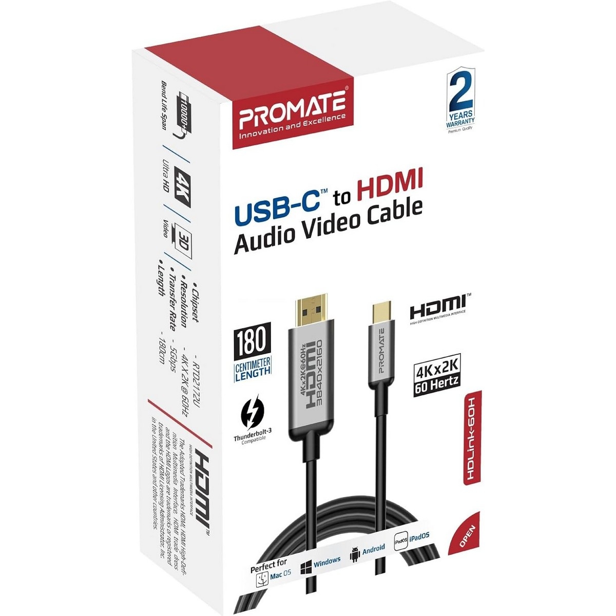 Promate 6ft 4K 60Hz USB-C to HDMI Cable