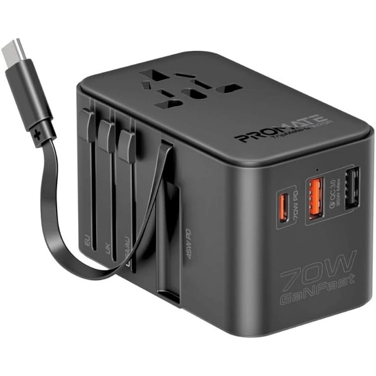 Promate 70W GaN Universal Travel Adapter with Retractable USB-C Cable