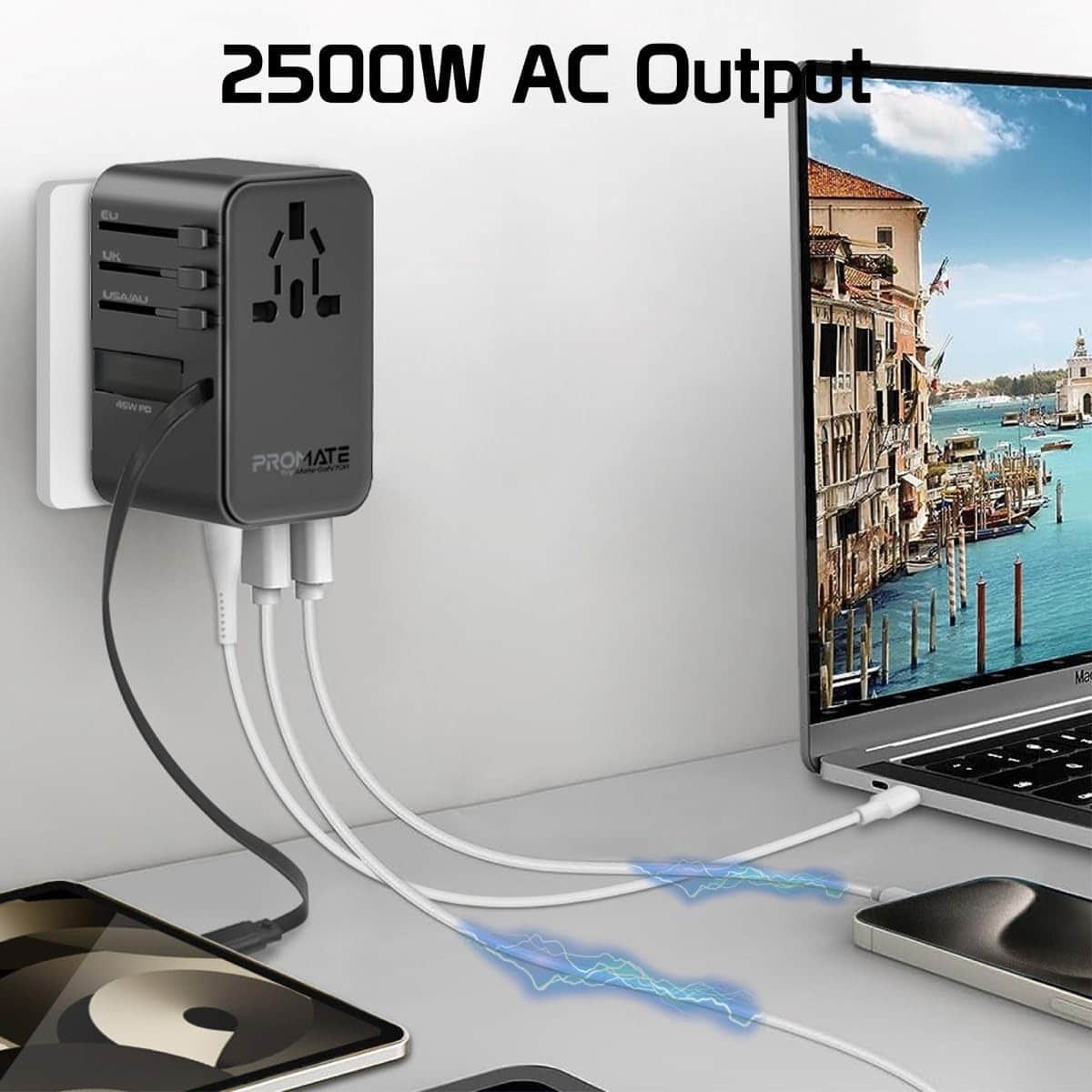 Promate 70W GaN Universal Travel Adapter with Retractable USB-C Cable