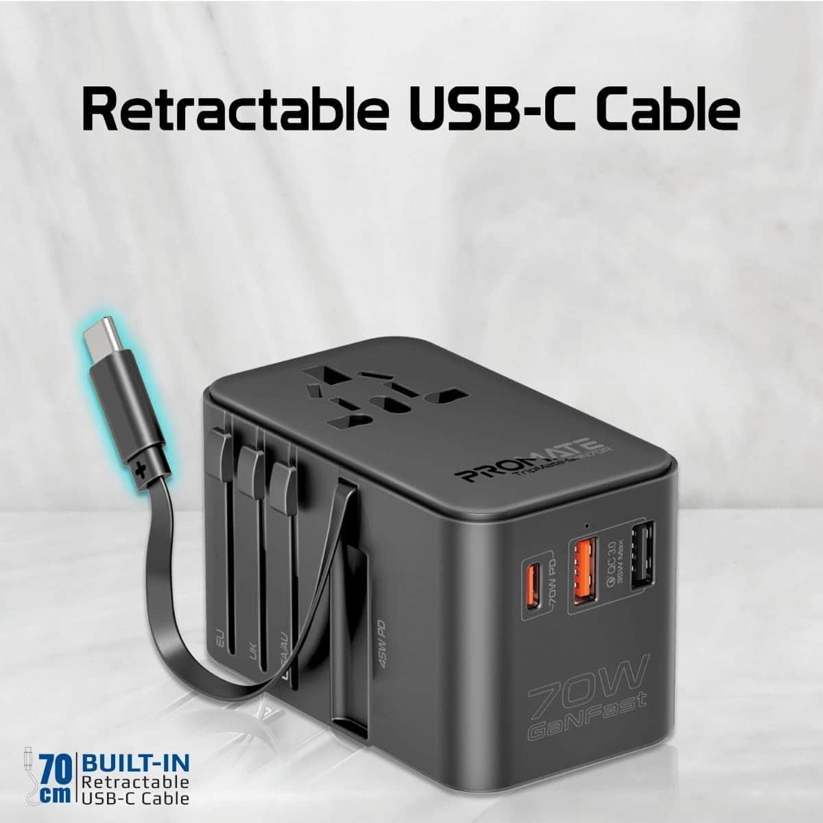 Promate 70W GaN Universal Travel Adapter with Retractable USB-C Cable
