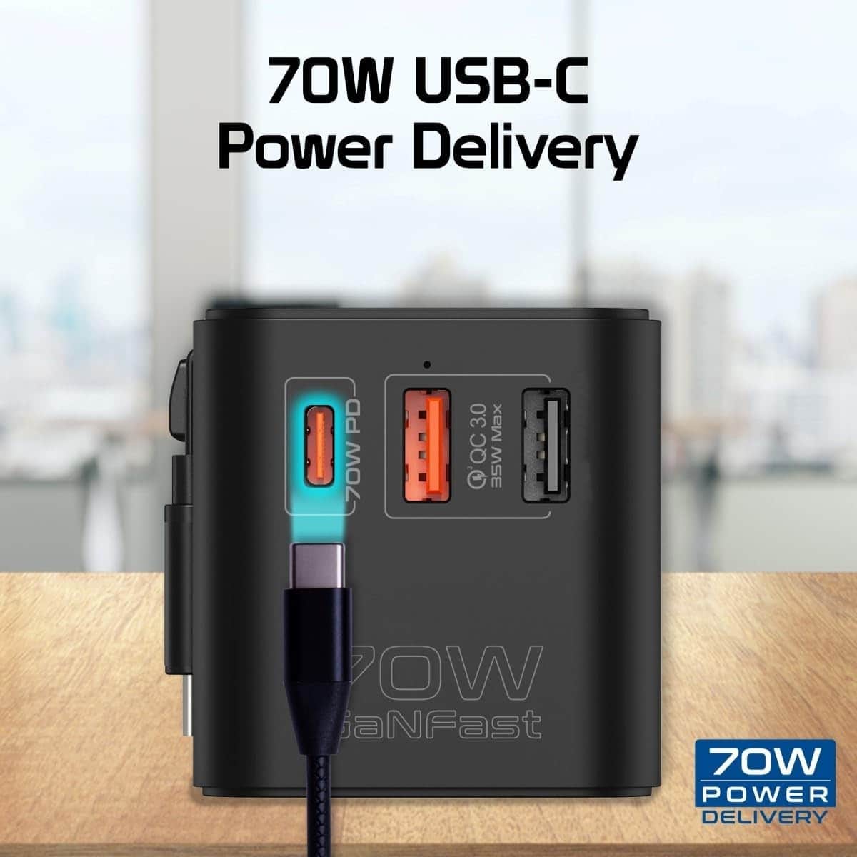 Promate 70W GaN Universal Travel Adapter with Retractable USB-C Cable