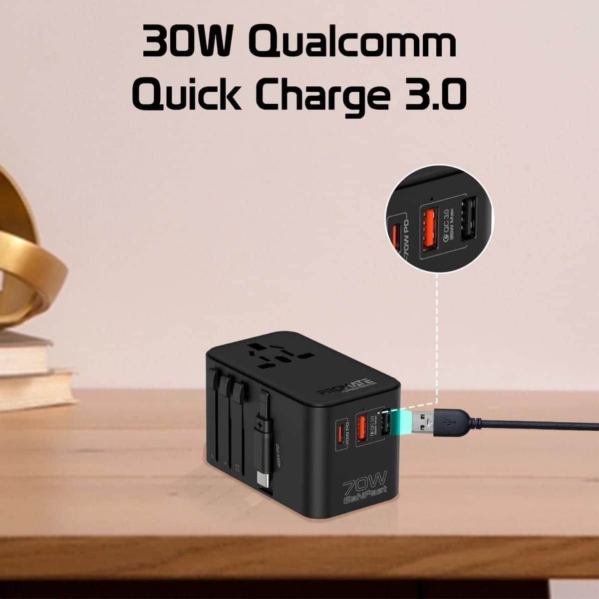Promate 70W GaN Universal Travel Adapter with Retractable USB-C Cable
