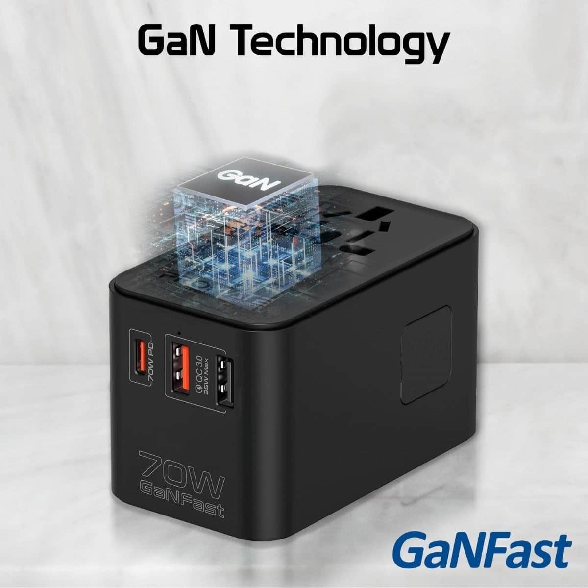 Promate 70W GaN Universal Travel Adapter with Retractable USB-C Cable