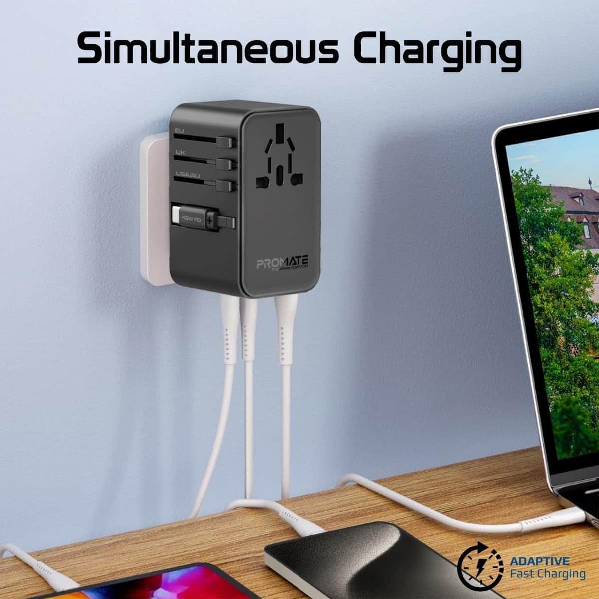 Promate 70W GaN Universal Travel Adapter with Retractable USB-C Cable
