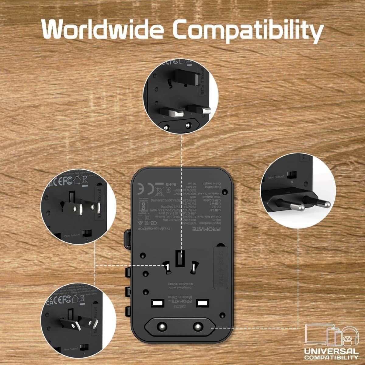 Promate 70W GaN Universal Travel Adapter with Retractable USB-C Cable