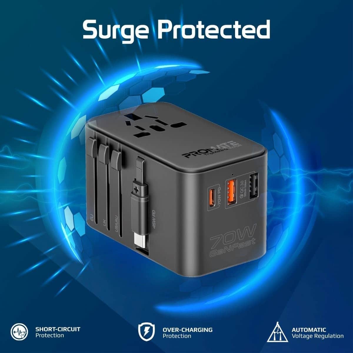 Promate 70W GaN Universal Travel Adapter with Retractable USB-C Cable