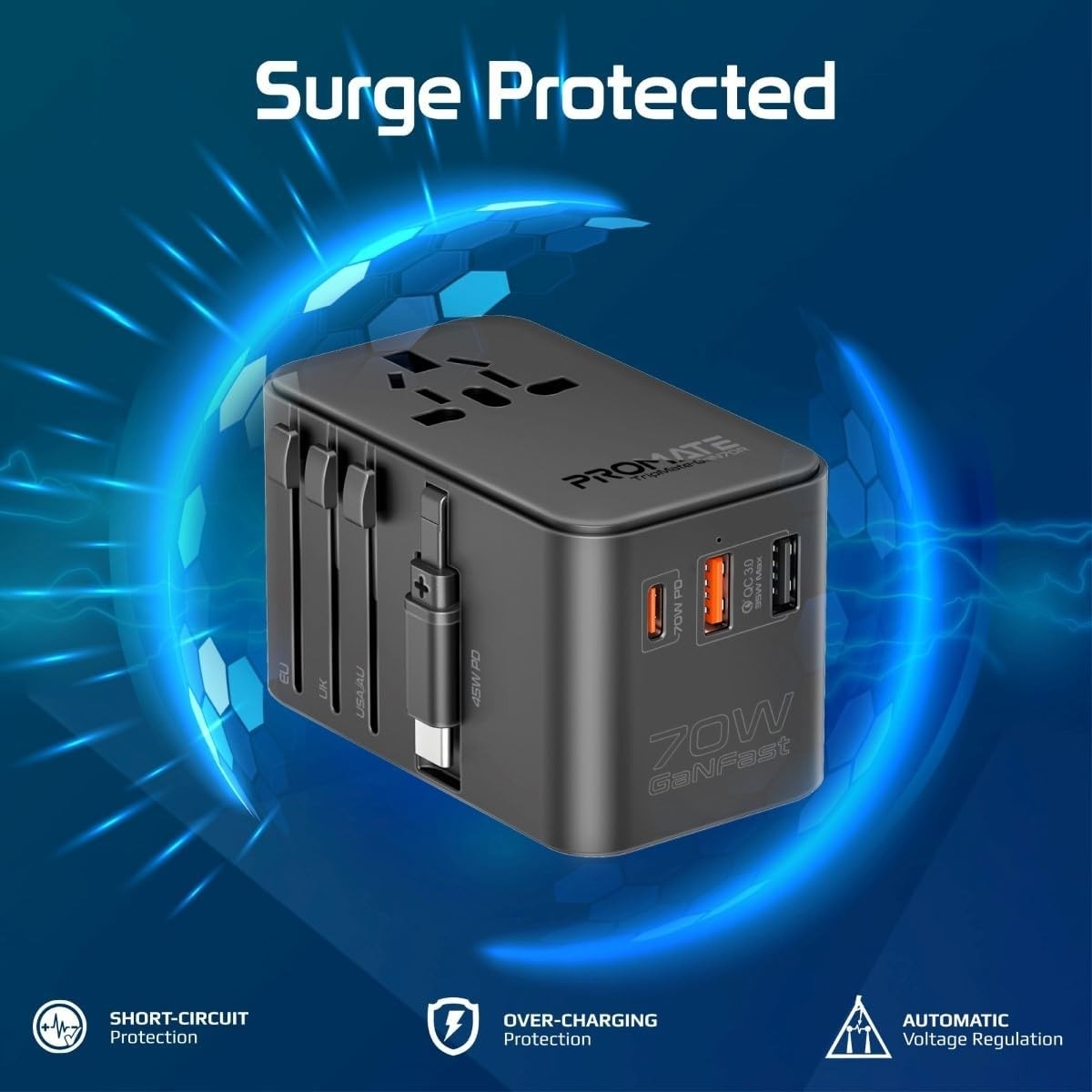 Promate 70W GaN Universal Travel Adapter with Retractable USB-C Cable