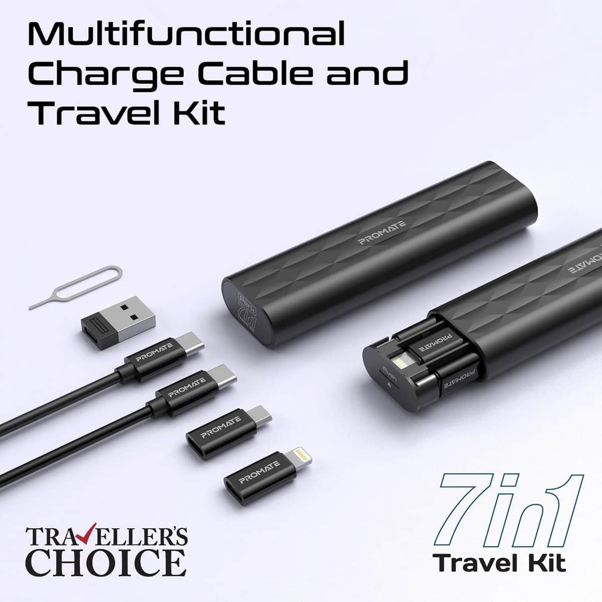 Promate 7-in-1 Travel Kit with 60W USB-C Cable & Storage Case